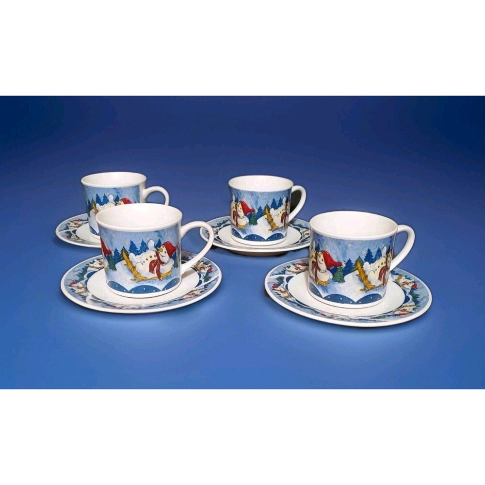 Christmas Snowman Snow Valley Holiday Dining Cups and Saucers 4 Cups + 4 Saucers